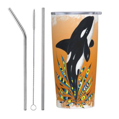 EgoMed 20 oz Stainless Steel Insulated Travel Tumbler, Orca Whale Orange Doodle Splash