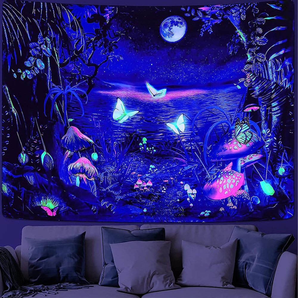Tokusyou UV-Reactive Mushroom Butterfly Moon Psychedelic Forest Tapestry, Blacklight Wall Hanging, 150 x 210 cm