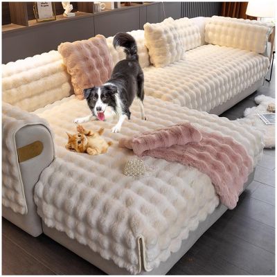 Thickened Faux Rabbit Fur Sofa Cover, Non-Slip L-Shaped Couch Protector, White, 110 x 160 cm
