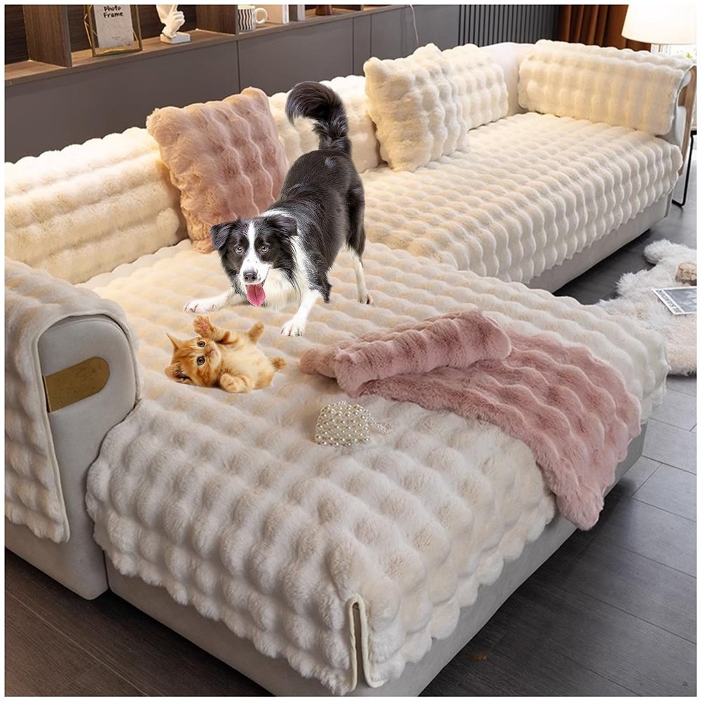 Thickened Faux Rabbit Fur Sofa Cover, Non-Slip L-Shaped Couch Protector, White, 110 x 160 cm
