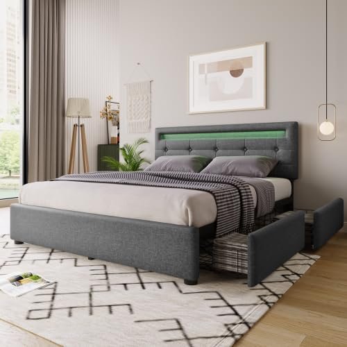 KUAKE Upholstered Bed 140 x 200 cm with LED Headboard and 2 Drawers, Adjustable Headboard, Linen, Gray, Mattress Not Included