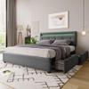 KUAKE Upholstered Bed 140 x 200 cm with LED Headboard and 2 Drawers, Adjustable Headboard, Linen, Gray, Mattress Not Included view 1