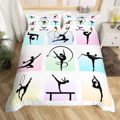 Gymnastics Bedding Set, Twin Size, Gymnast Silhouette Duvet Cover Set for Girls, Teens and Women, 1 Pillowcase