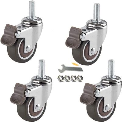 Furniture Casters with Brakes, Rubber, M8/M6 Threaded Stem, Brown, 4-Pack