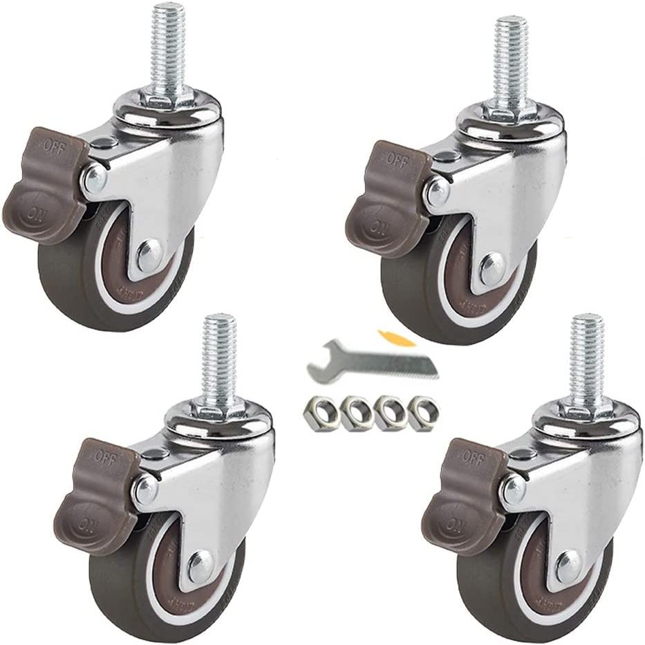 Furniture Casters with Brakes, Rubber, M8/M6 Threaded Stem, Brown, 4-Pack
