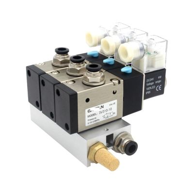 3V310-10-NC Normally Closed Solenoid Valve Station Manifold with Silencer and Connector Base, DC12V/DC24V/AC110V/AC220V, 3 Ports, 1 Pc. (Color: DC24V, 6 mm Fittings; Size: 7-Station)