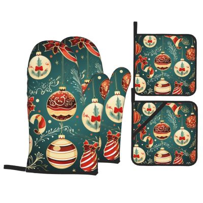 Christmas Oven Mitts and Pot Holders, Non-Slip, Heat-Resistant, 4-Piece Set