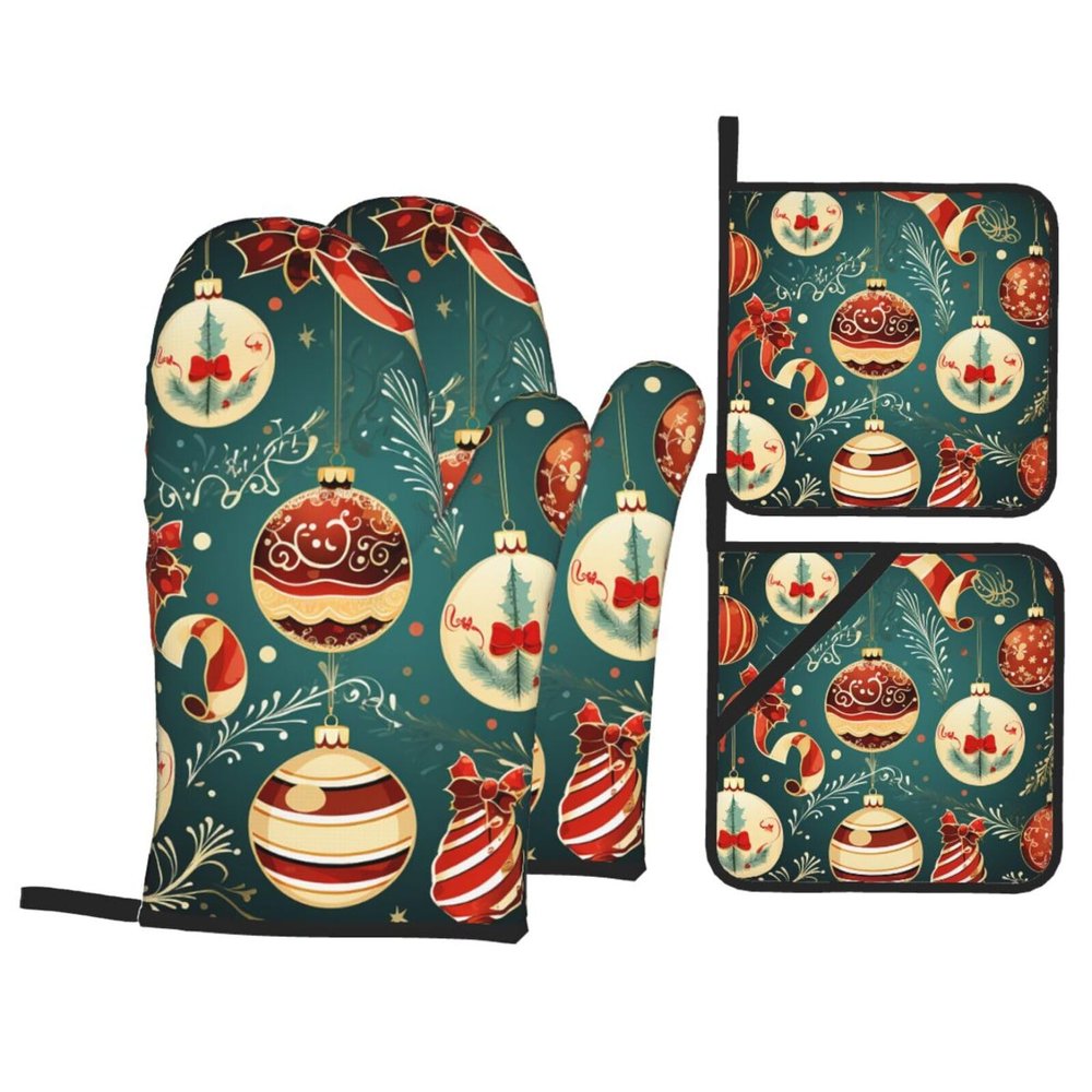 Christmas Oven Mitts and Pot Holders, Non-Slip, Heat-Resistant, 4-Piece Set
