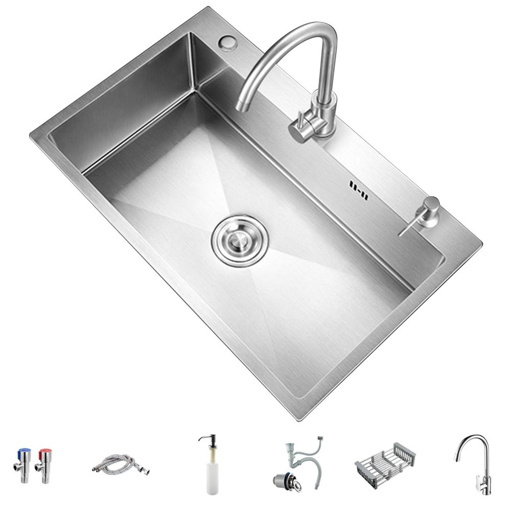Silver 304 Stainless Steel Kitchen Sink, Workstation Sink with Drain and Drainpipe, 31.5 x 17.7 in