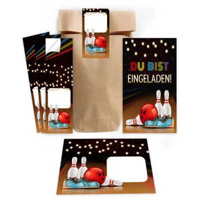 Minkocards 8 Bowling Party Invitations for Kids with Envelopes, Party Bags and Stickers
