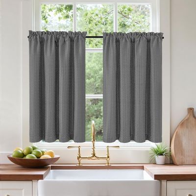 Vangao Waffle Café Curtains for Kitchen, 2-Pack, 90W x 115H cm, Gray