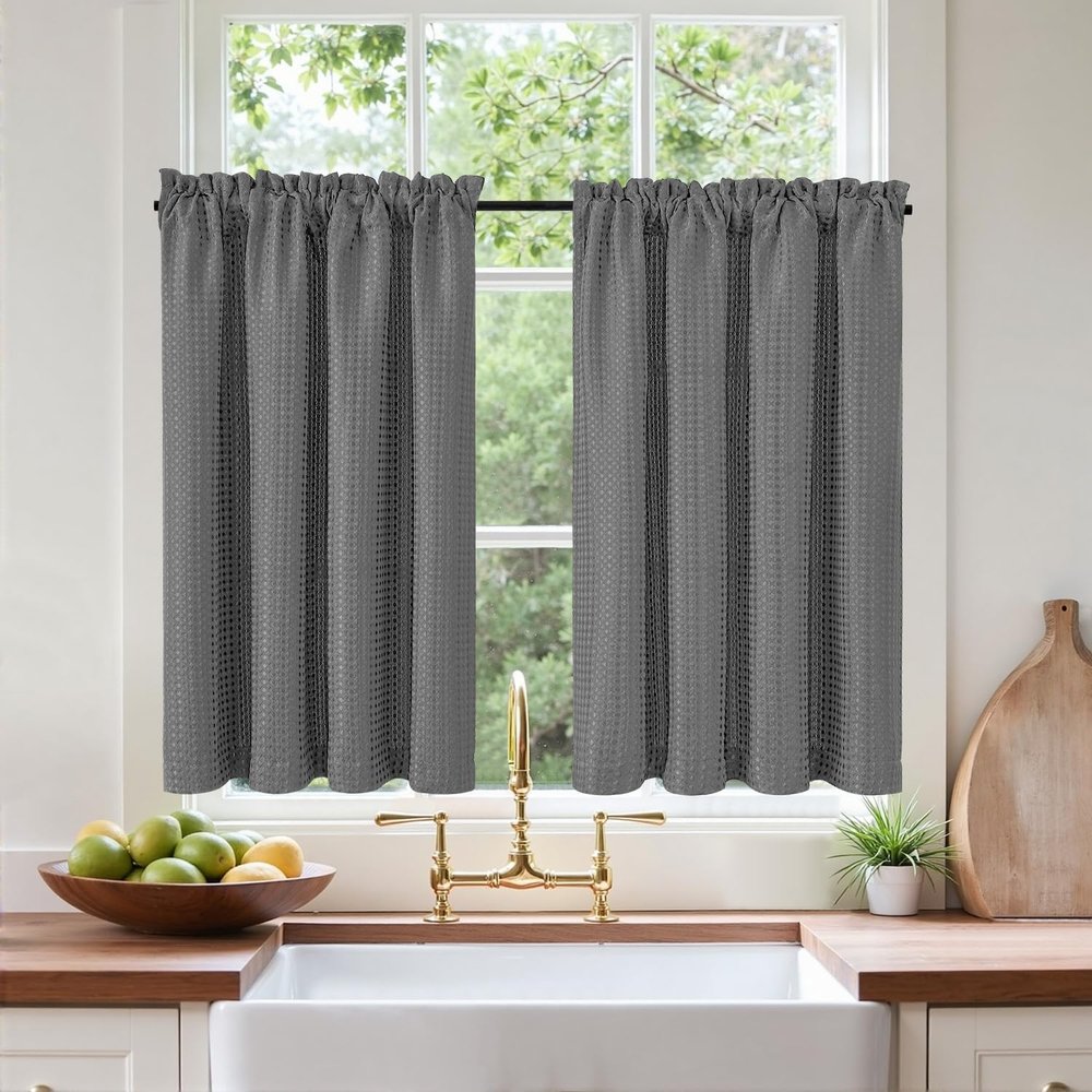 Vangao Waffle Café Curtains for Kitchen, 2-Pack, 90W x 115H cm, Gray