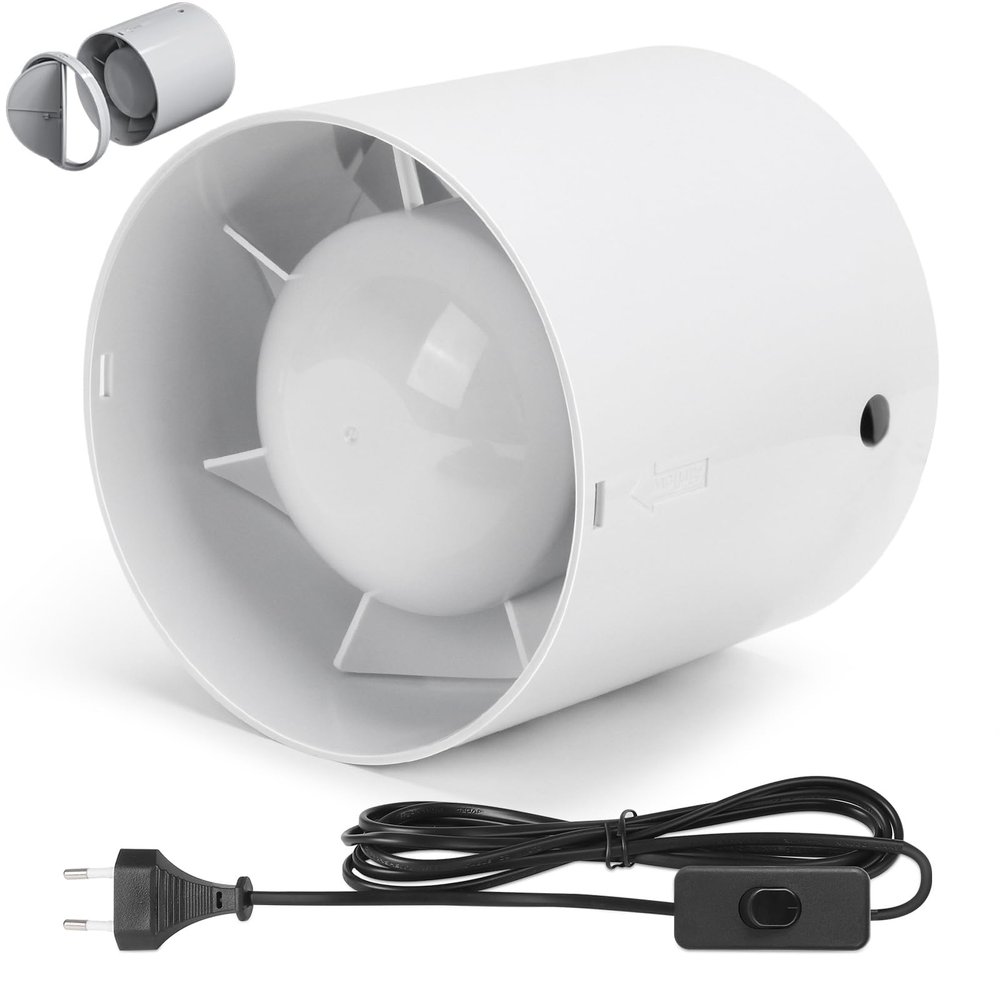 100 mm Inline Duct Fan, 130 m³/h, 3 m Cable with Switch, Bathroom Exhaust Fan