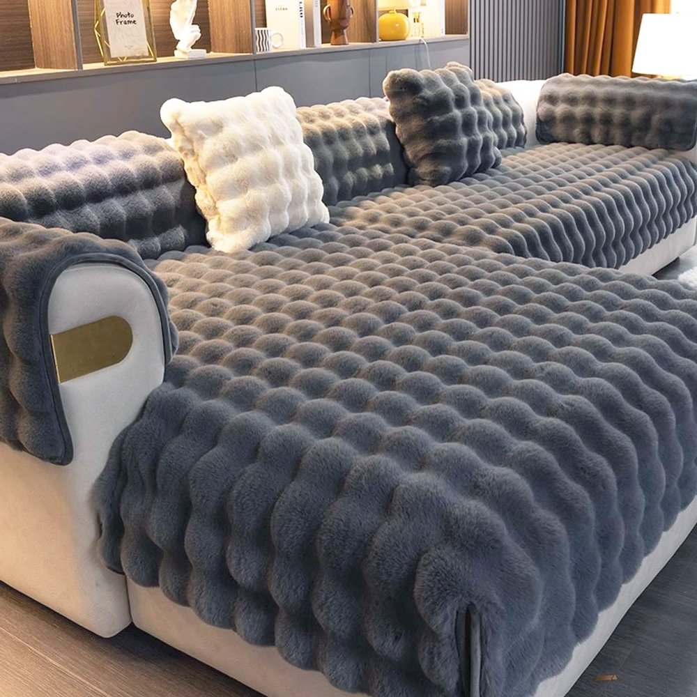 Aocase Rabbit Plush Sofa Cover for L-Shaped, U-Shaped and Standard Sofas, Dark Gray, 90 x 240 cm
