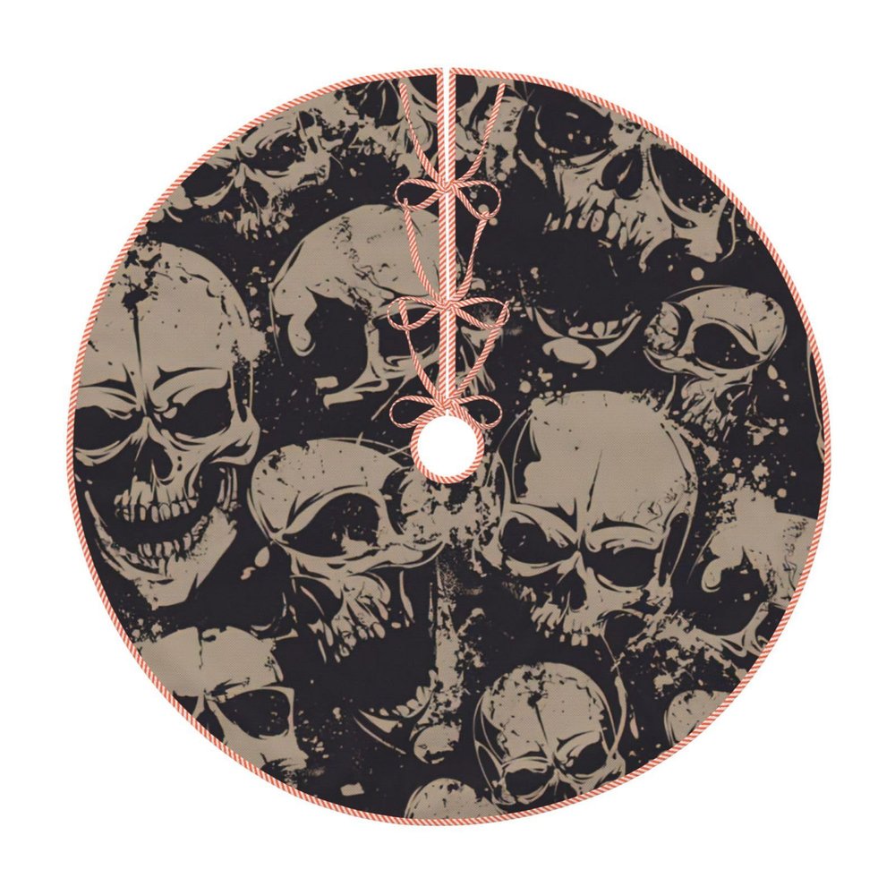 Cool Retro Christmas Tree Skirt with Skull Graphics and Jute Trim