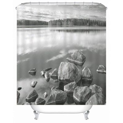 Homxi Dark Gray Sea Stones and Trees Shower Curtain, 90 x 180 cm