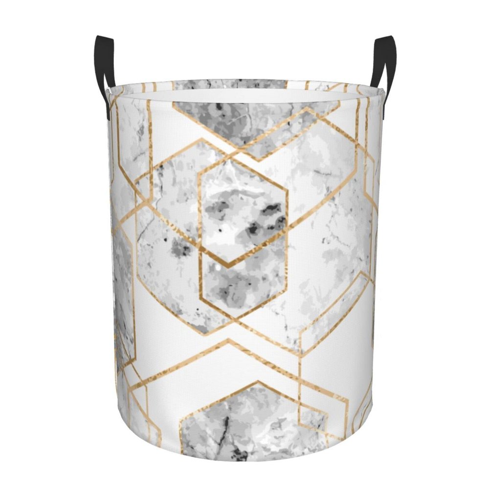 Gold Glitter Geometric Marble Round Collapsible Laundry Basket
