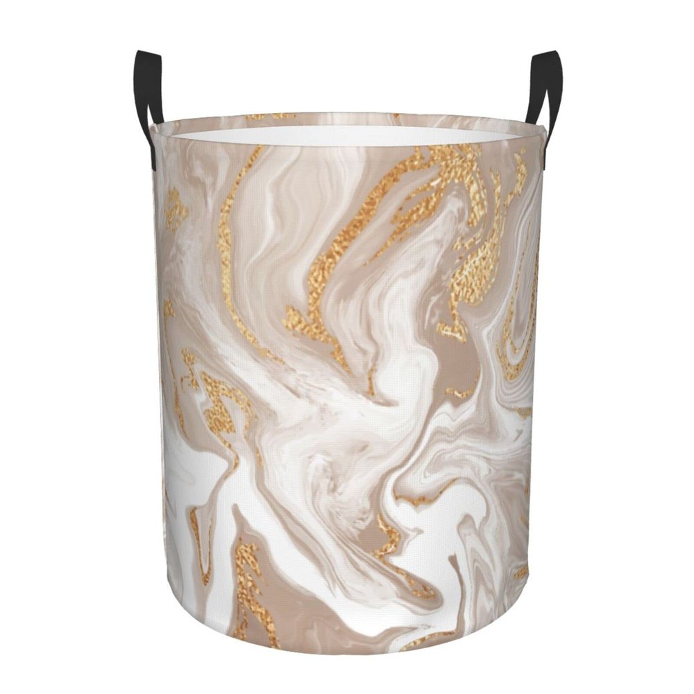 Beige Marble-Pattern Round Foldable Laundry Hamper