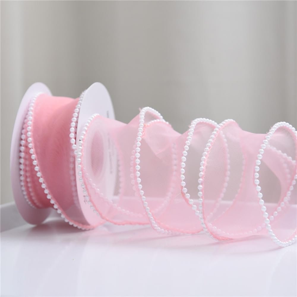 Whakano 2-Roll Organza Pearl Ribbon, Transparent Chiffon Ribbon