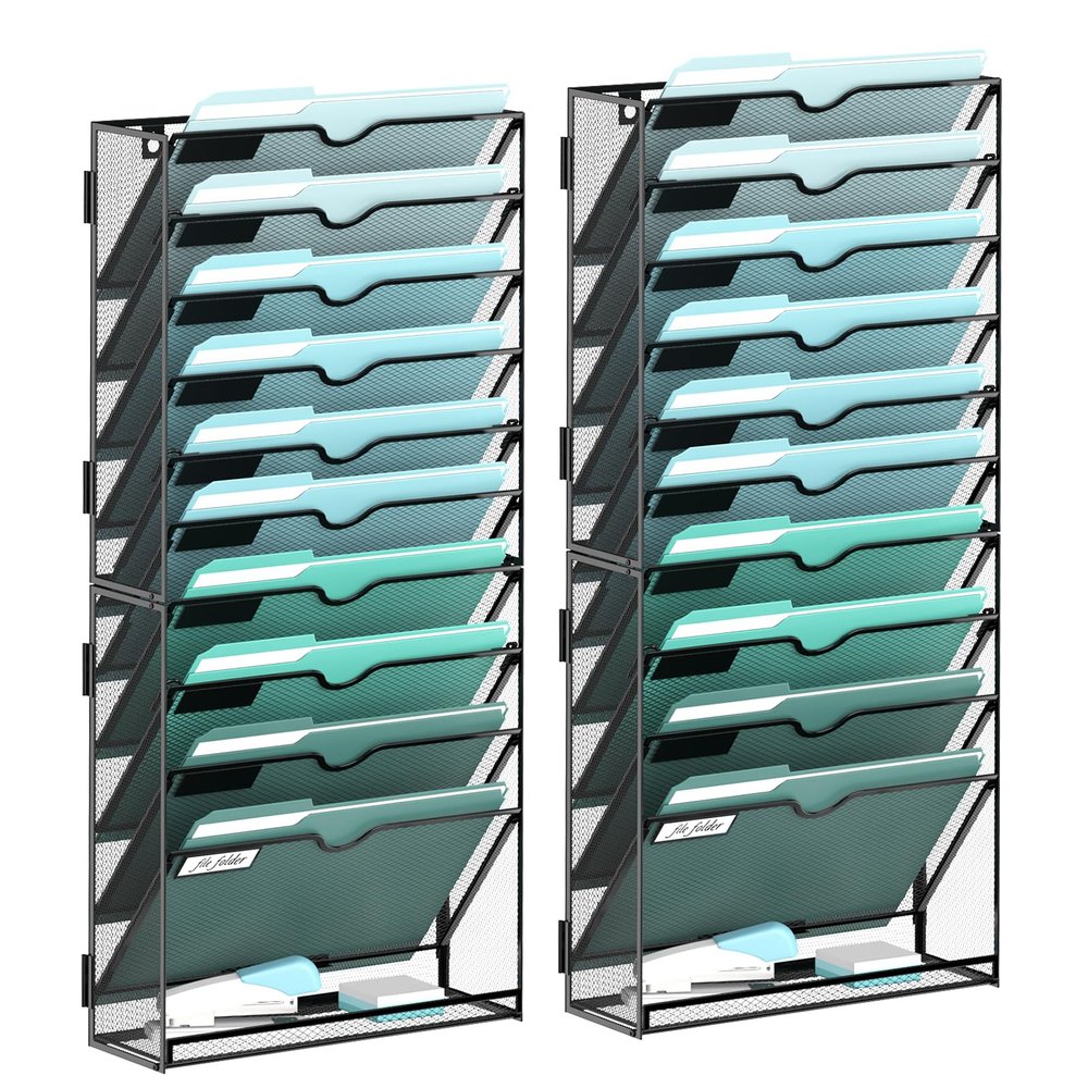 SUPEASY 11-Tier Wall File Organizer, Hanging File Holder for Papers, Folders and Magazines, Wall Organizer for Clipboards, Assembly Required, Black, 2-Pack