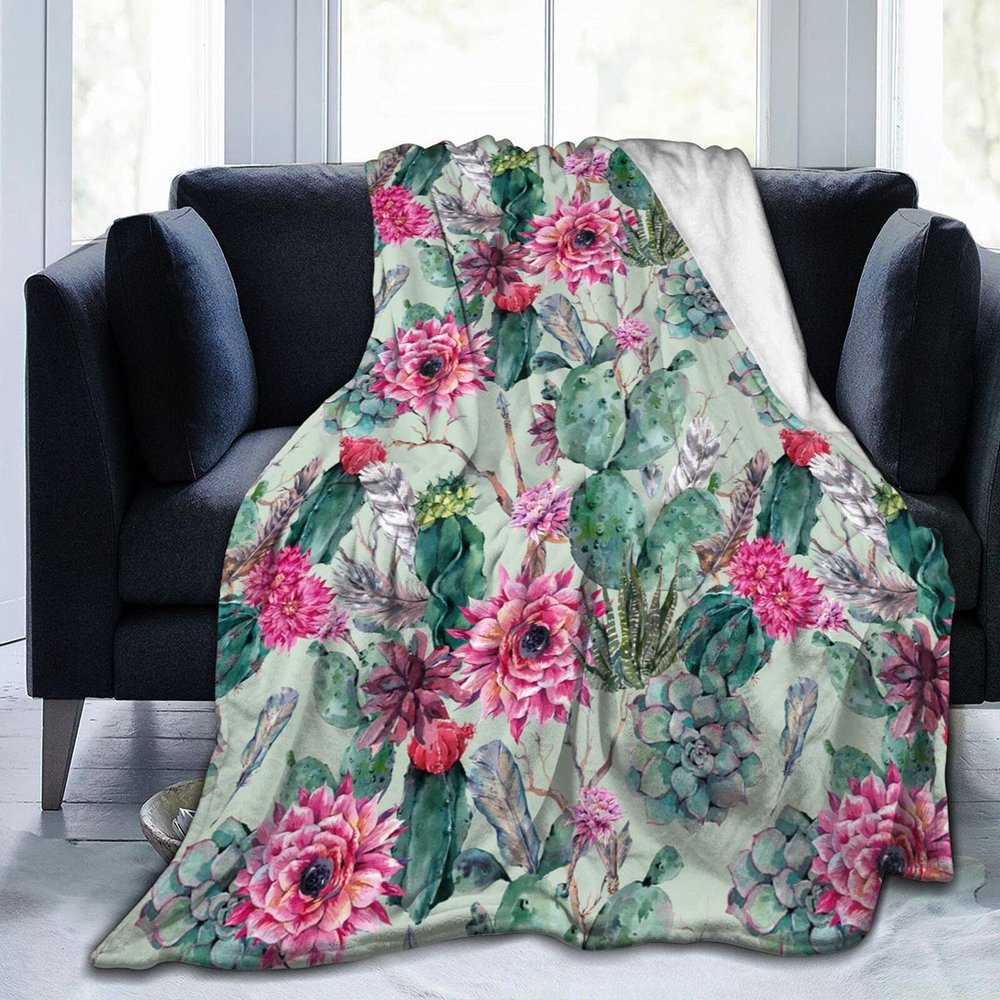 Watercolor Cactus Feathers and Arrows Flannel Fleece Throw Blanket, 150 x 200 cm