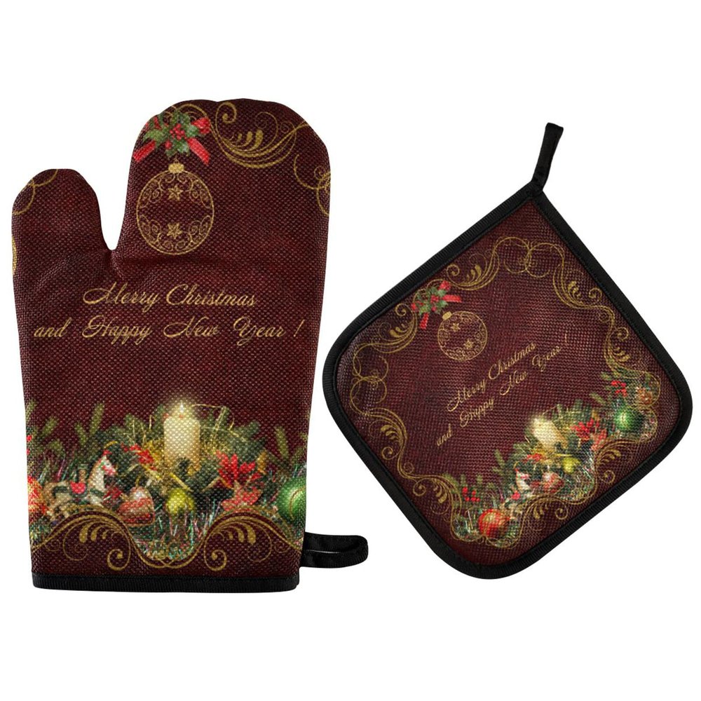 Christmas Oven Mitt & Potholder Set, Golden Swirls, 2-Piece