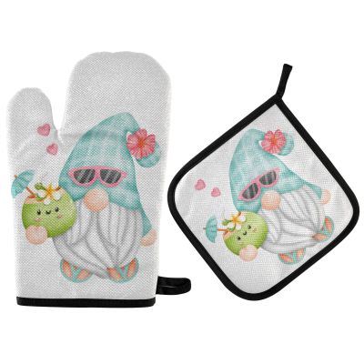 2-Piece Oven Mitt and Pot Holder Set, Beach Dwarfs Summer Coco Drink Flower