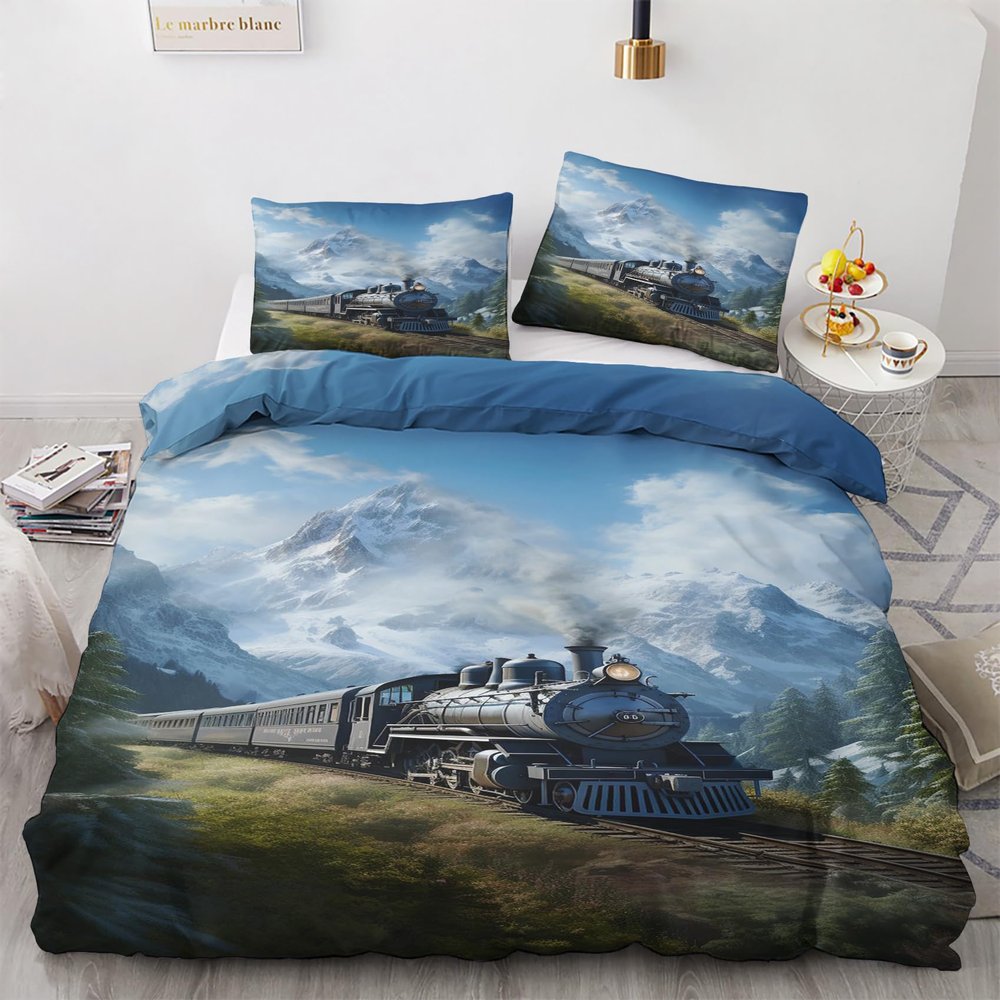 Winter Bedding 135 x 200 cm Steam Locomotive, 2-Piece Reversible Microfiber Set with 80 x 80 cm Pillowcase
