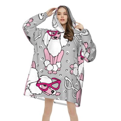 Poodle with Glasses Wearable Blanket Hoodie, Oversized Soft Pullover with Front Pocket, 320 g Flannel