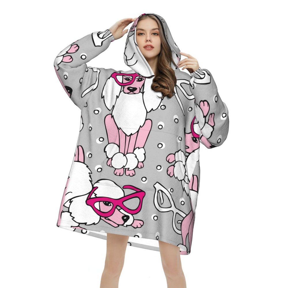 Poodle with Glasses Wearable Blanket Hoodie, Oversized Soft Pullover with Front Pocket, 320 g Flannel