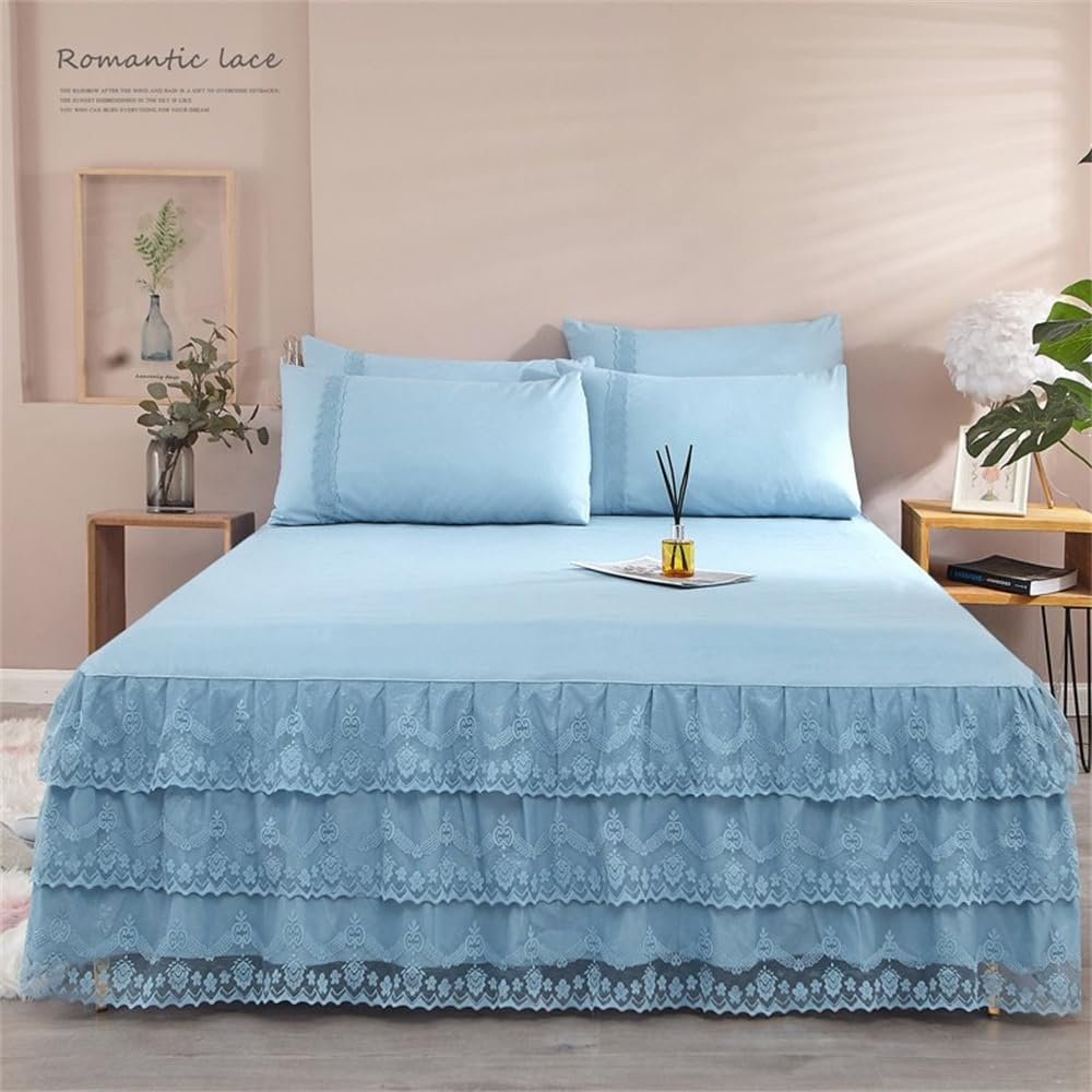 Morbuy Ruffled Bed Skirt with Lace, 3-Piece Set, Princess Style, Blue, 200 x 220 cm