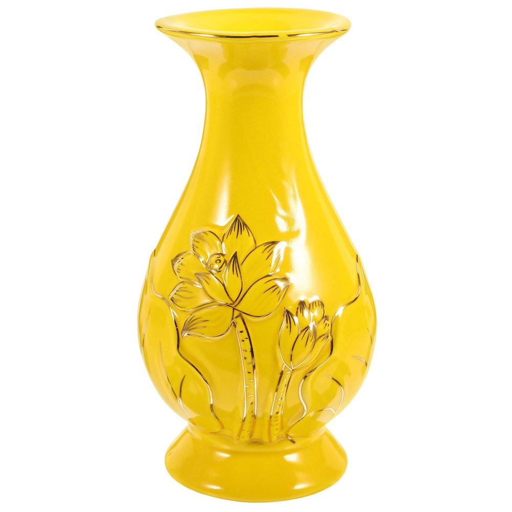 Ceramic Flower Vase, Small Table Vase with Lotus Pattern, Yellow
