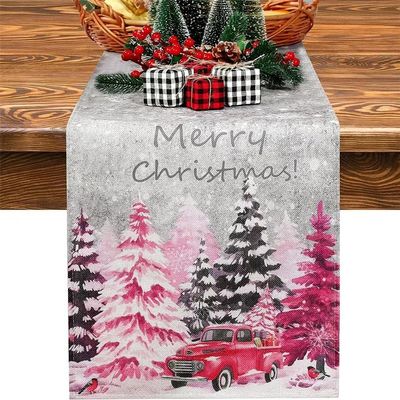 Treer Pink Christmas Printed Linen Table Runner, Pink Forest, 33 x 275 cm