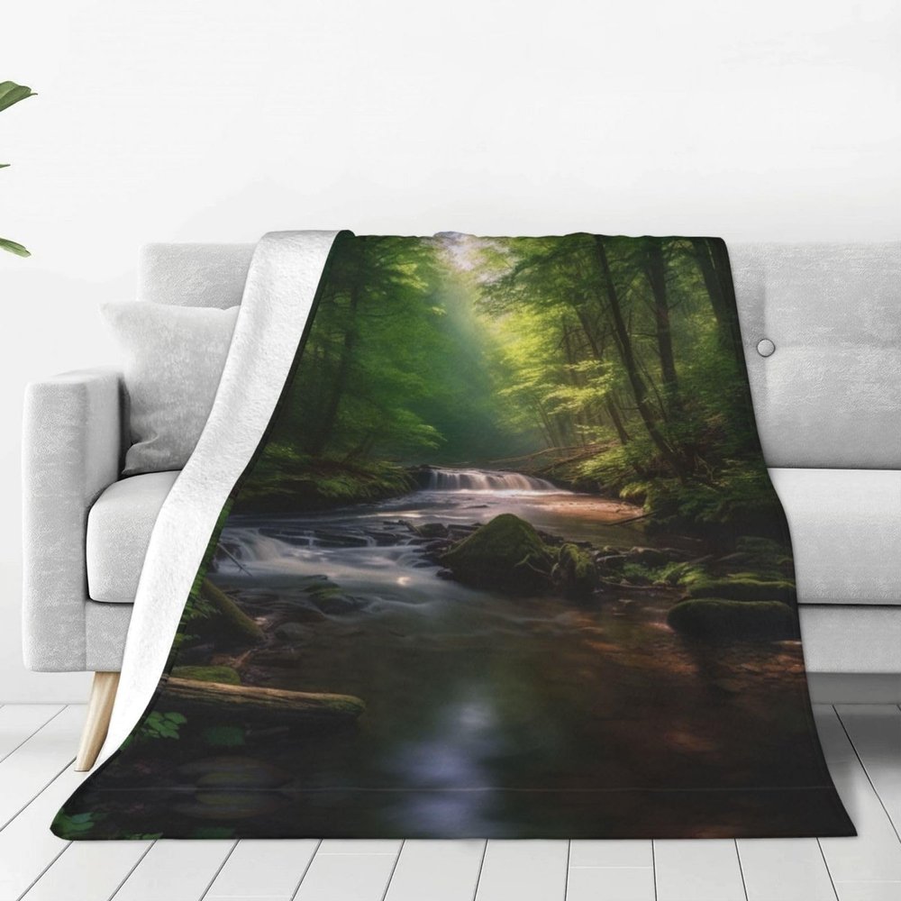 Flannel Fleece Throw Blanket, Forest Creek Print, Lightweight Soft Warm Cozy Plush Blanket for Bed, Couch, Sofa or Chair, 80 x 60 in