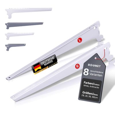 BOOMET Shelf Bracket Set for Wall Rails, 48 cm, White, 10 Pairs