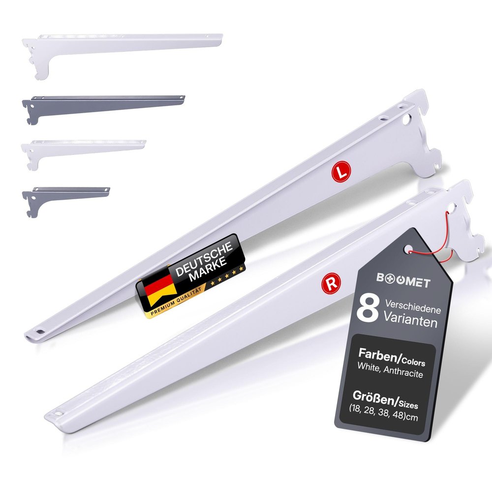 BOOMET Shelf Bracket Set for Wall Rails, 48 cm, White, 10 Pairs
