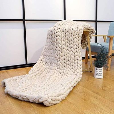 FASXZVM Chunky Knit Blanket, Handmade Wool Throw, Beige, 80 x 100 cm