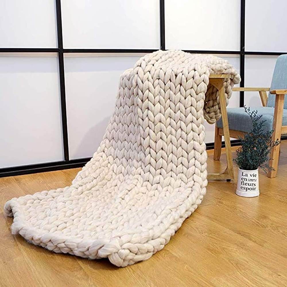 FASXZVM Chunky Knit Blanket, Handmade Wool Throw, Beige, 80 x 100 cm