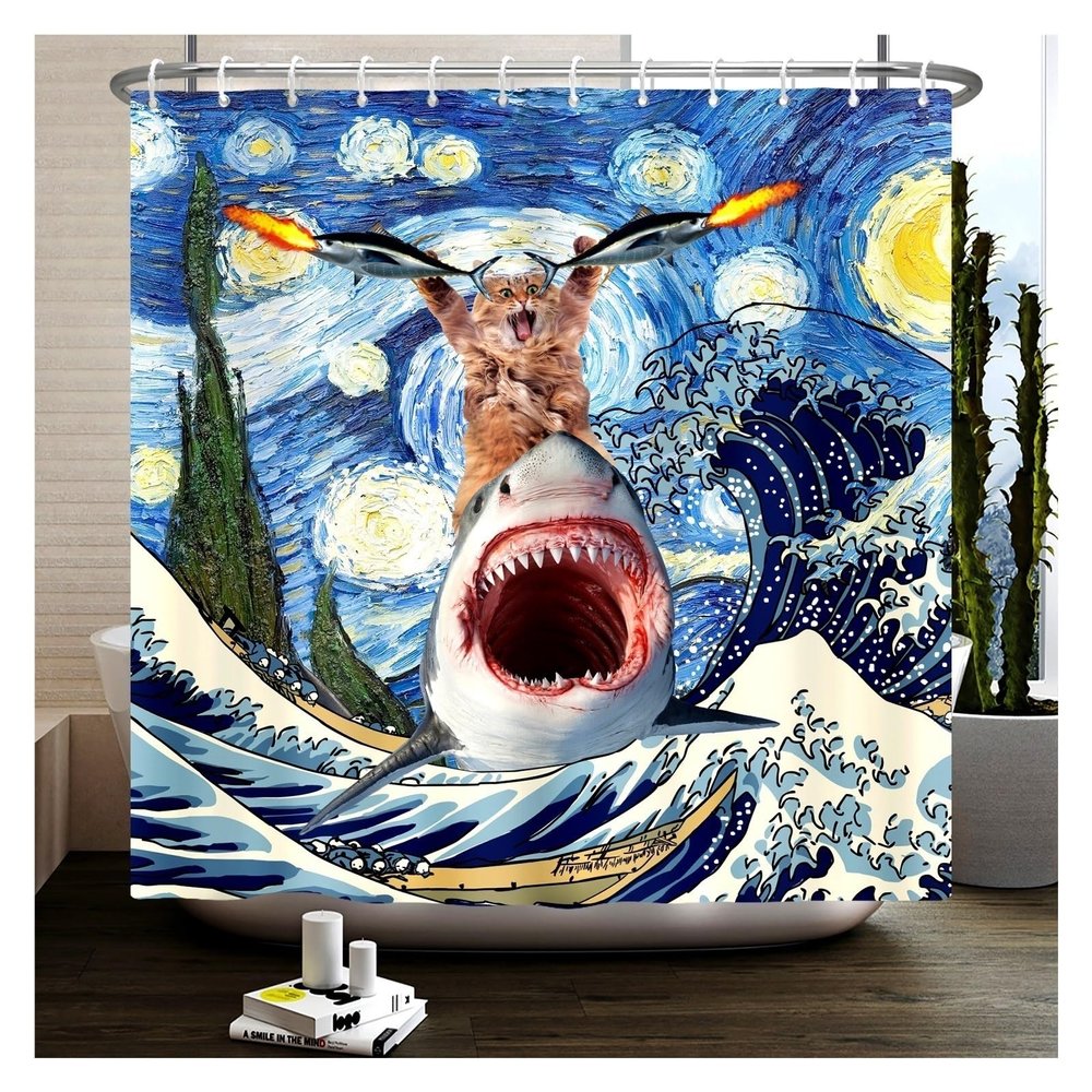 Funny Cat Shower Curtain with Dinosaur and Japanese Ocean Wave Design, 403SD, 200 x 180 cm