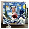Funny Cat Shower Curtain with Dinosaur and Japanese Ocean Wave Design, 403SD, 200 x 180 cm view 1