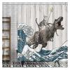Funny Cat Shower Curtain with Dinosaur and Japanese Ocean Wave Design, 403SD, 200 x 180 cm view 2