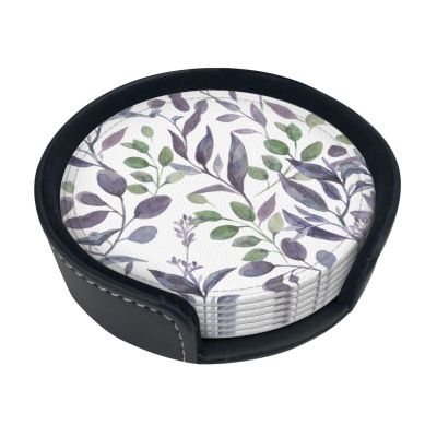 Round Leather Coasters, 10.2 cm, Purple Sage-Green Leaves, 6-Piece Set