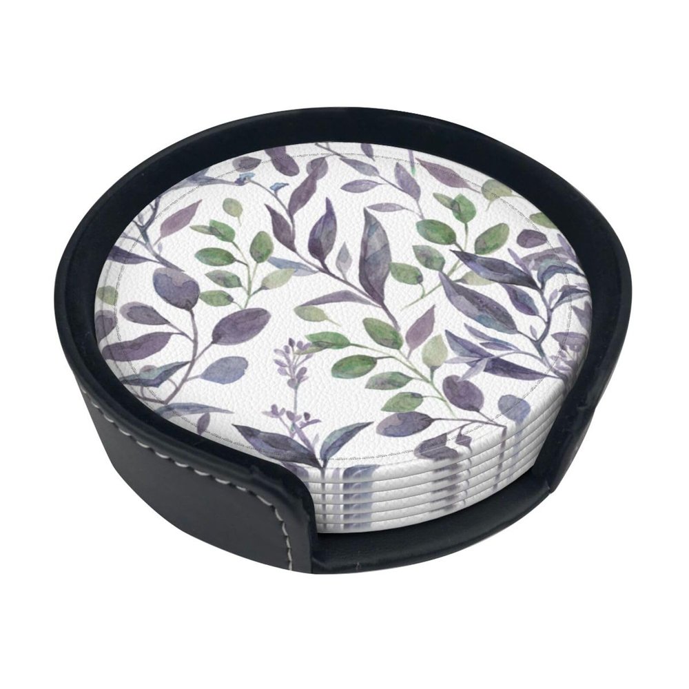 Round Leather Coasters, 10.2 cm, Purple Sage-Green Leaves, 6-Piece Set