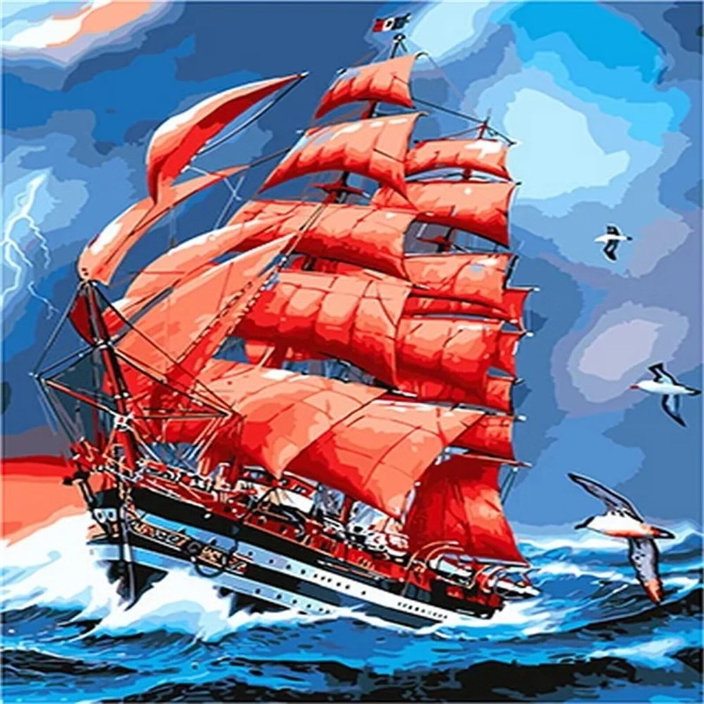 Yoonqun Paint by Numbers Kit for Adults and Children, Red Sailboat, 40 x 50 cm, Unframed