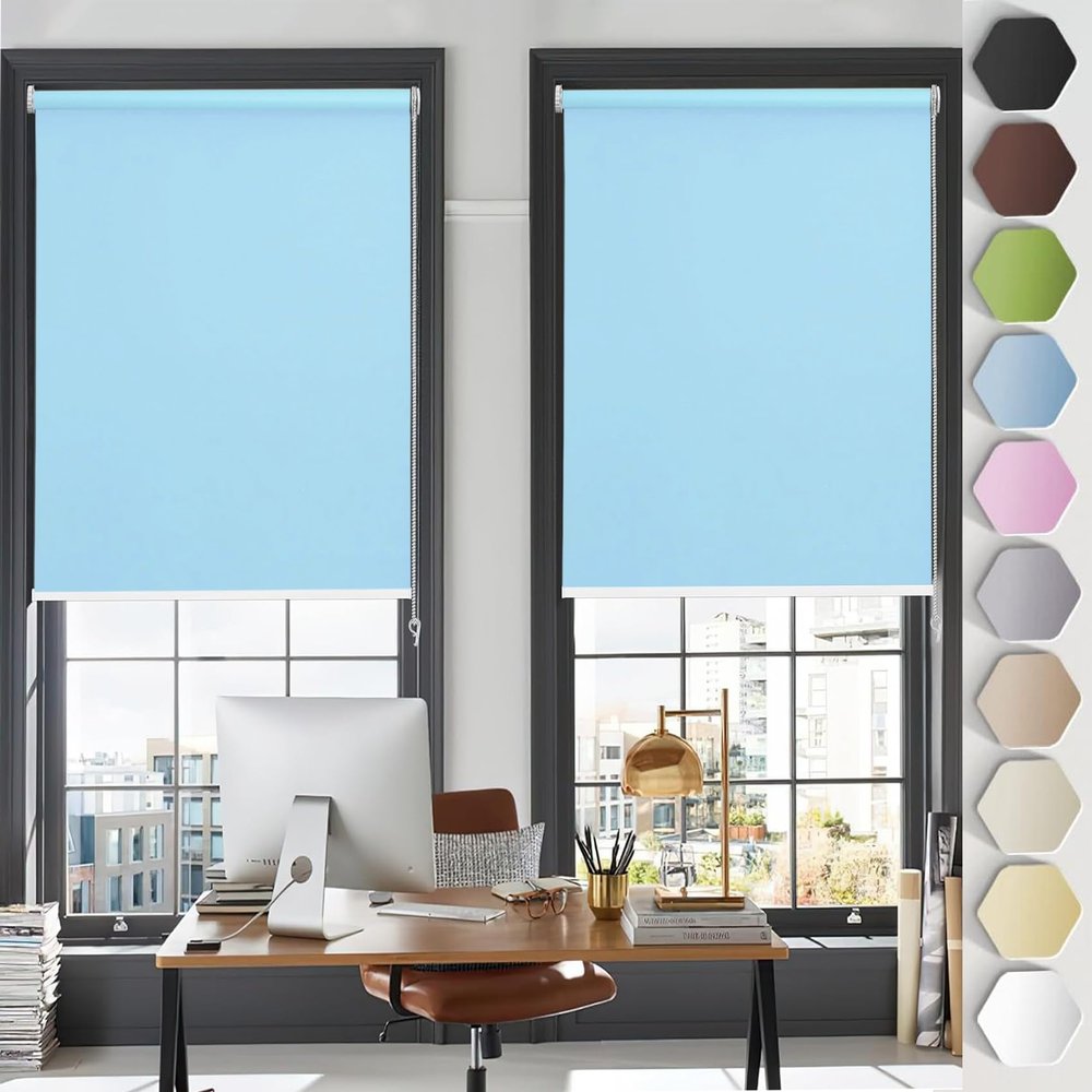 No-Drill Blackout Roller Blind 90 x 190 cm, Sky Blue