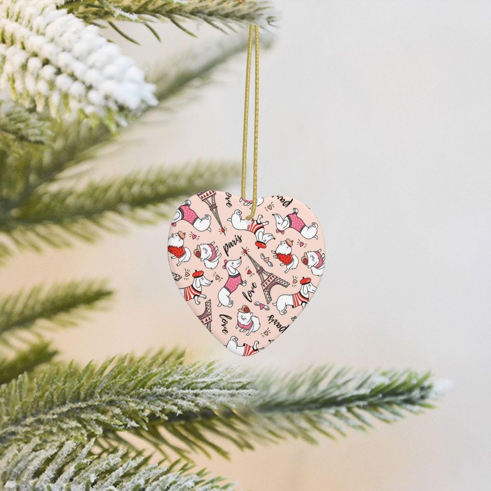 Paris-Print Heart-Shaped Ceramic Christmas Ornament