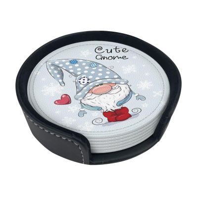 Cute Gnome Absorbent Drink Coasters with Holder, Leather Coasters, Set of 6