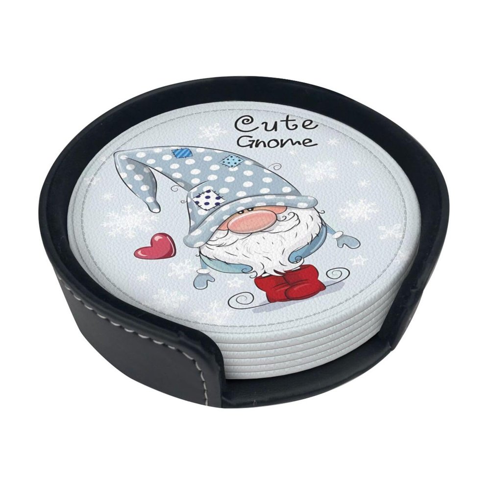 Cute Gnome Absorbent Drink Coasters with Holder, Leather Coasters, Set of 6