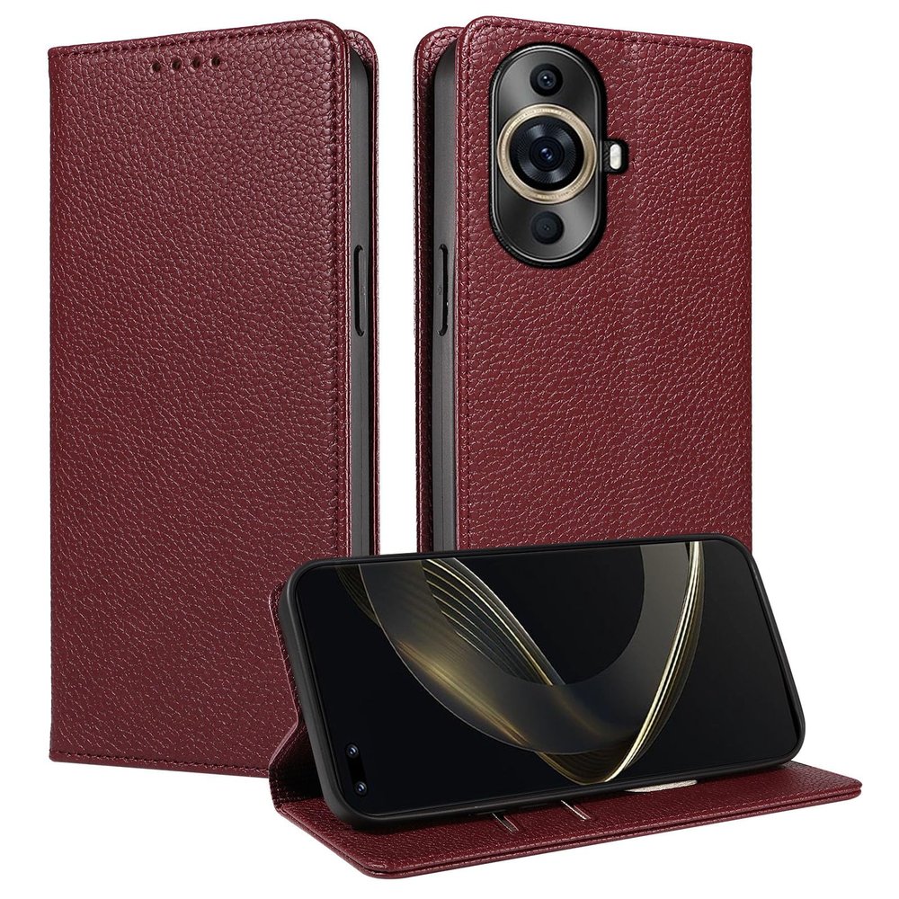 FERLAN Case for Huawei Nova 11, Lychee Leather, Card Holder, Magnetic Closure, Stand, RFID Blocking, Wine Red