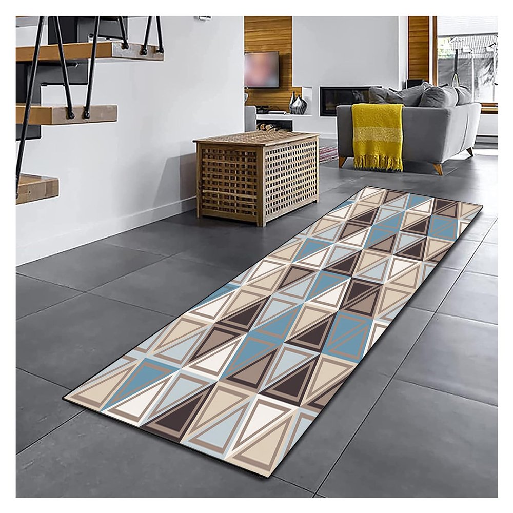 Siunwdiy Beige and Blue Geometric Runner Rug, 50 x 240 cm, 7 mm
